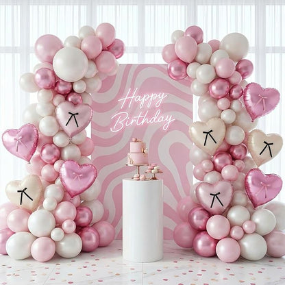 Pink White Heart Balloons with Ribbon Bow, 18 Inch Helium Balloon with Bow Decor - Image 3