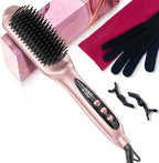 LANDOT Rose Gold Hair Straightener Brush - Elegant Gift for Women, Ionic Ceramic Straightening Brush for Smooth & Shiny Hair, Dual Voltage with 12 Adjustable Heat Settings 250°F-450°F