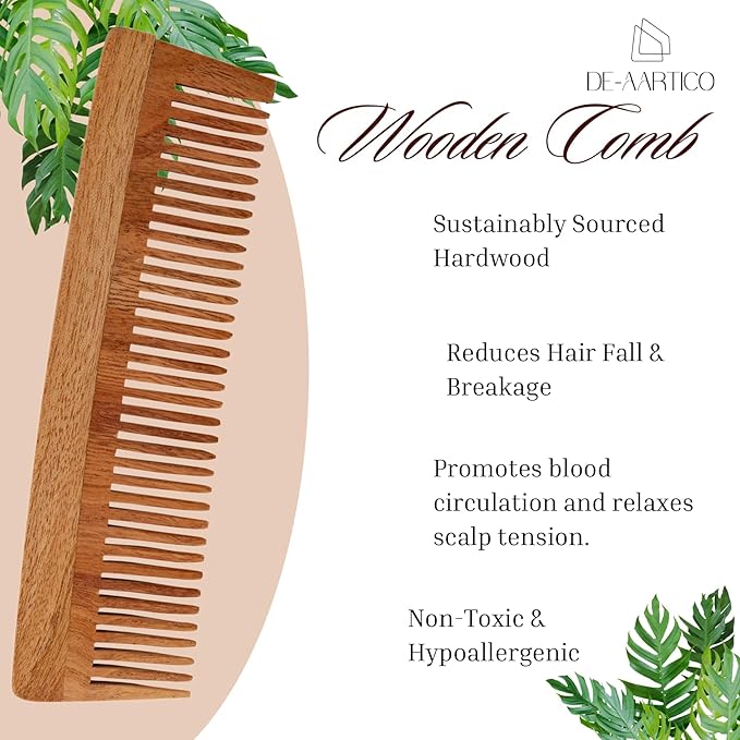 Neem wooden comb for women hair growth | Kacchi herb treated neem wood comb Wet or Dry Curly, Thin, Thick, Wavy, or Straight Hair - Natural Wood Comb for Women & Men (Wide Tooth)