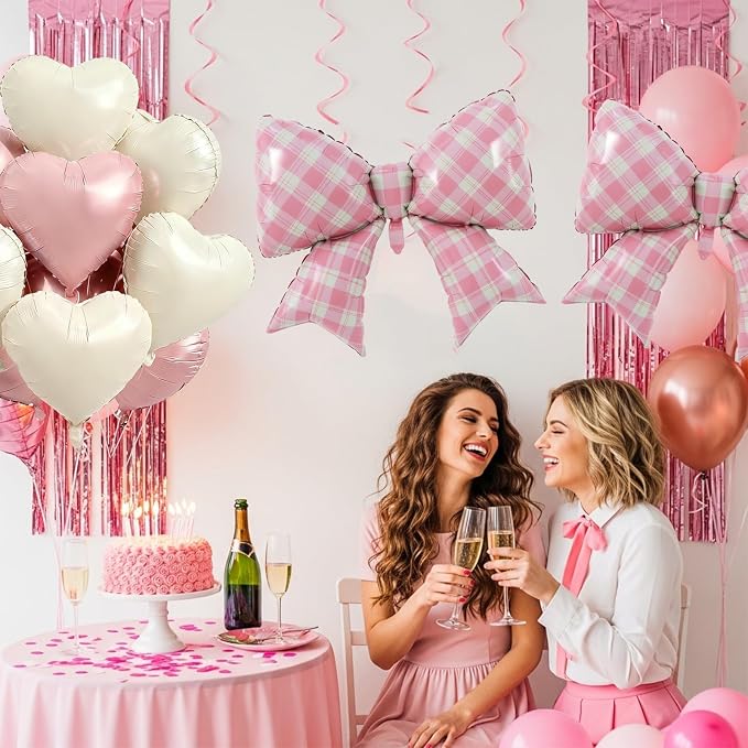 Vuzvuv Whiite Pink Gingham Bow Heart Balloons Set, Bridal Shower（Mix Colors） - Image 5