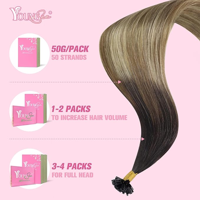 YoungSee K Tip Hair Extensions Human Hair Balayage Keratin Hair Extensions K Tip Ombre Dark Brown to Brown with Blonde Silky 18In 1g/s 50g