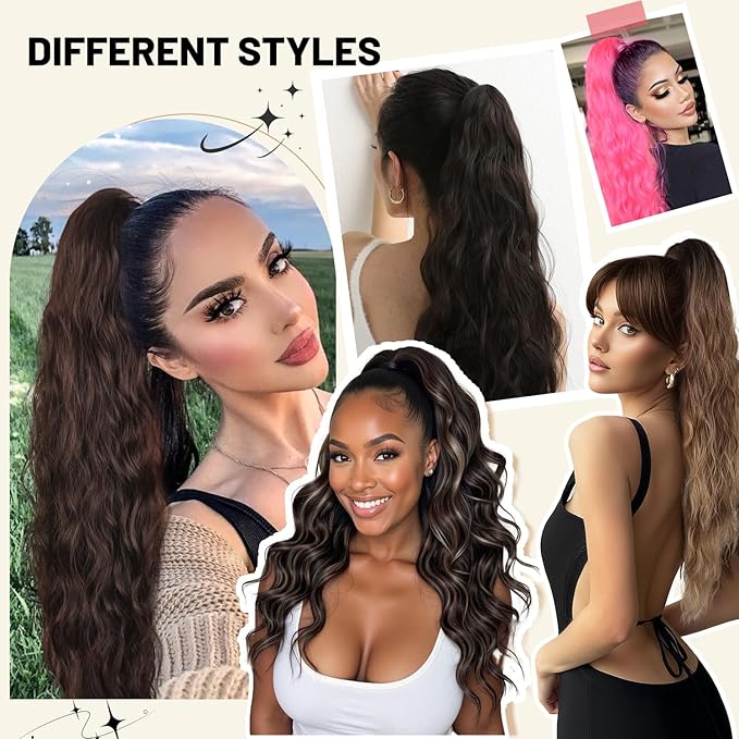 LEEONS 26 inch Drawstring ponytail Extension, Long Wavy pony tails hair extensions for Women - Synthetic Hairpiece Ponytail for Daily Use (Blonde mixed Brown with Dark Roots)