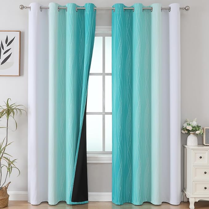 Teal and Greyish White Ombre Blackout Curtains 90 Inch Length 2 Panels Set - Image 2