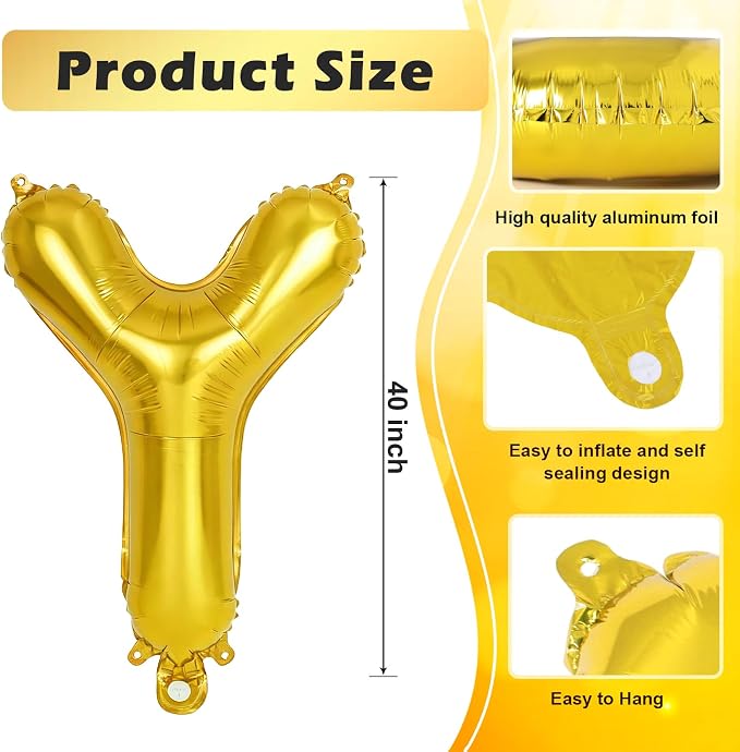 Gold Letter Y Balloons, 40 Inch Large Foil Letter Balloons, Custom Phrase - Image 2