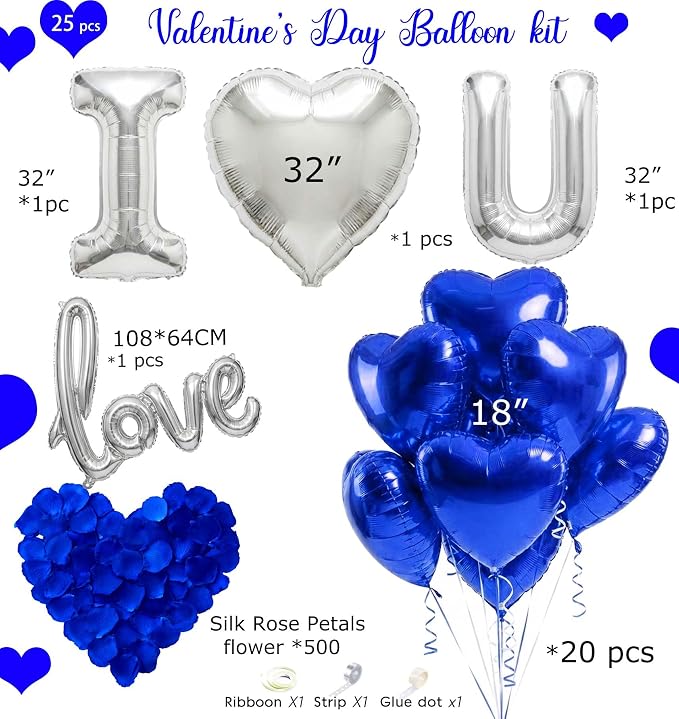 I Love You Romantic Balloon Kit Royal Blue & Silver Heart Mylar Balloons - Image 6