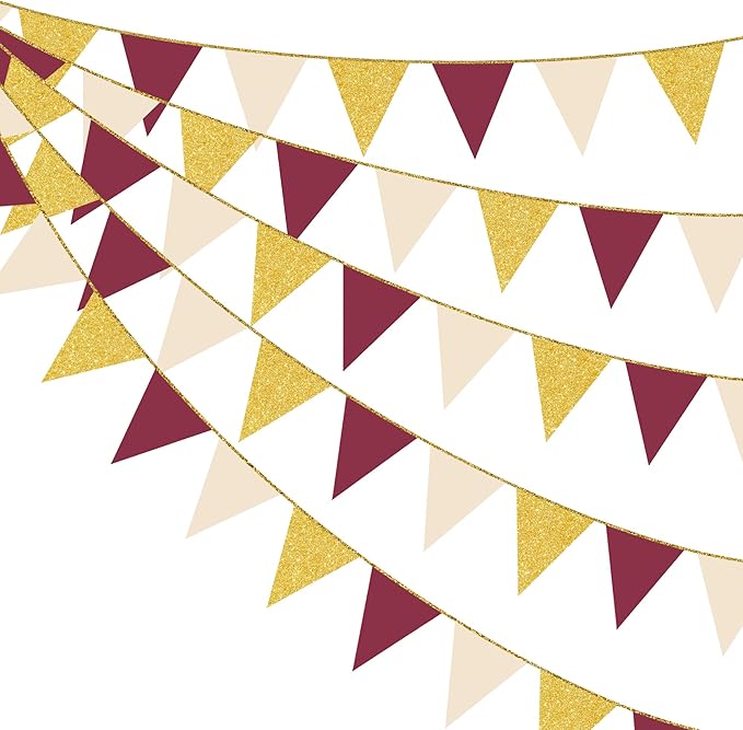 Burgundy Beige Gold Party Pennant Banner Flag Maroon Gold Hanging Glitter Paper by pinkblume