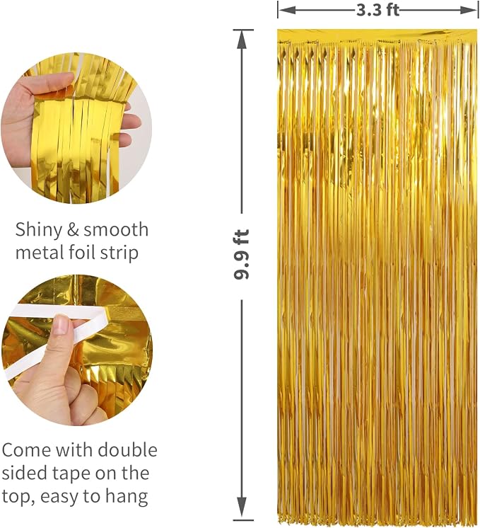 Crosize 4 Pack 3.3 x 9.9 ft Gold Foil Fringe Curtains Party Decorations - Image 2