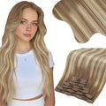 Moresoo Clip in Hair Extensions Ombre Light Brown Mixed with Golden Blonde Hair Extensions Real Human Hair Clip ins Balayage Double Weft 7pcs/135g 18inch