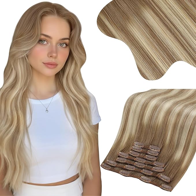 Moresoo Blonde Balayage Clip in Hair Extensions Light Brown to Medium Blonde Ombre Thick Hair Extensions Clip ins Long And Straight Real Human Hair Can Style for Wedding 150g/7pcs 24inch