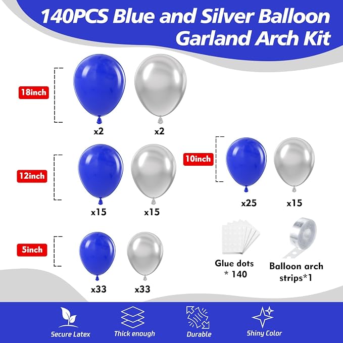 140Pcs Blue and Silver Balloon Garland Arch Kit - Image 2