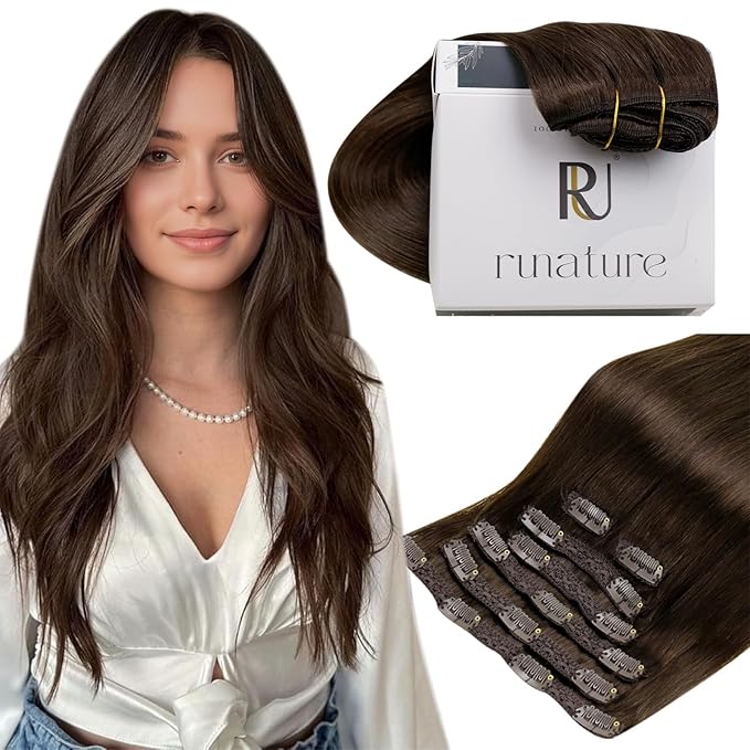 RUNATURE Real Hair Extensions Clip in Human Hair Extensions, Thick Remy Natural Hair for Women, Add Hair Volume, Easy to Install, 16 Inch 120g 7pcs #4 Chocolate Brown