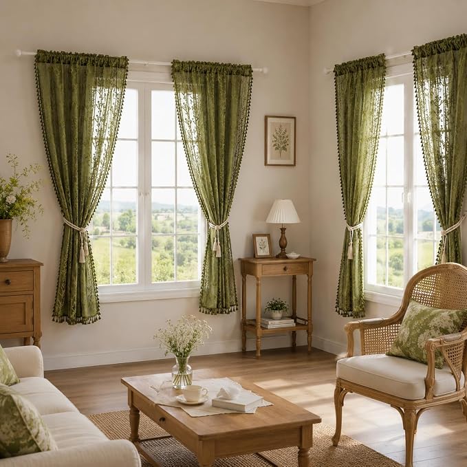 WAZZIO Boho Lace Curtains 2 Panels 63 Inch -Victorian Sheer Panel Drape French - Image 3