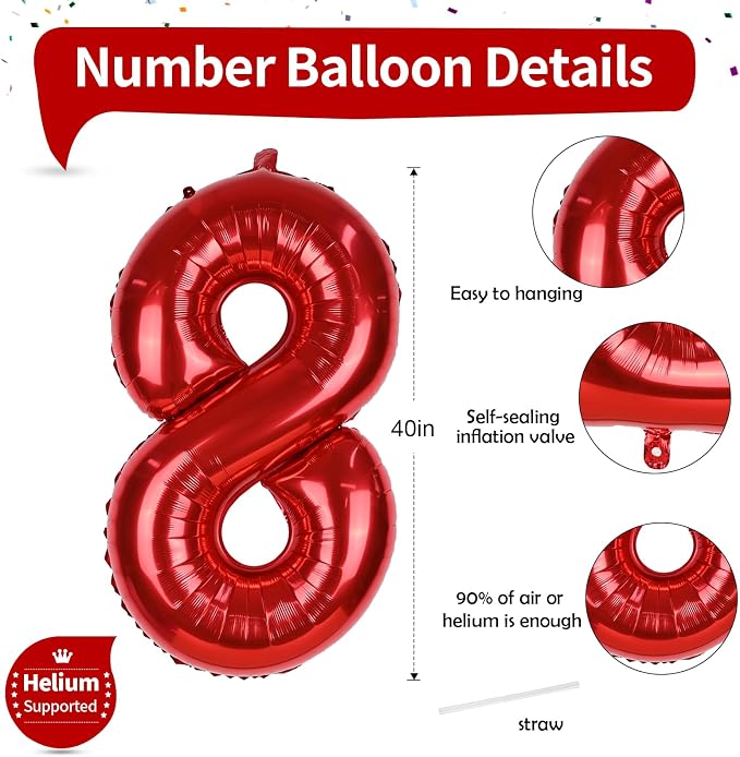 40 Inch Red 8 Balloons Number, Big Self Inflating Foil Girls 8th Birthday - Image 2