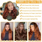 P4/350 Body Wave Lace Front Wigs Human Hair Brown Ginger Colored Wigs 13x4 HD Lace Frontal Highlight Ombre Wig Human Hair 180% Density P4/350 Colored Wigs Human Hair for Black Women 22Inch