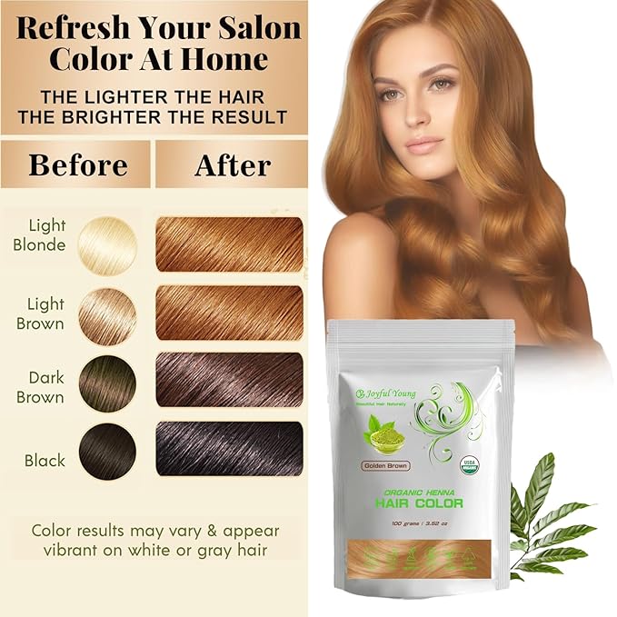 100% Organic Henna Hair Color – Natural, Chemical-Free Hair Dye for Rich, Vibrant Color & Gloss – Grey Coverage, Safe for All Hair Types, Vegan Non-Toxic, Herbal Hair Treatment (GOLDEN BROWN)