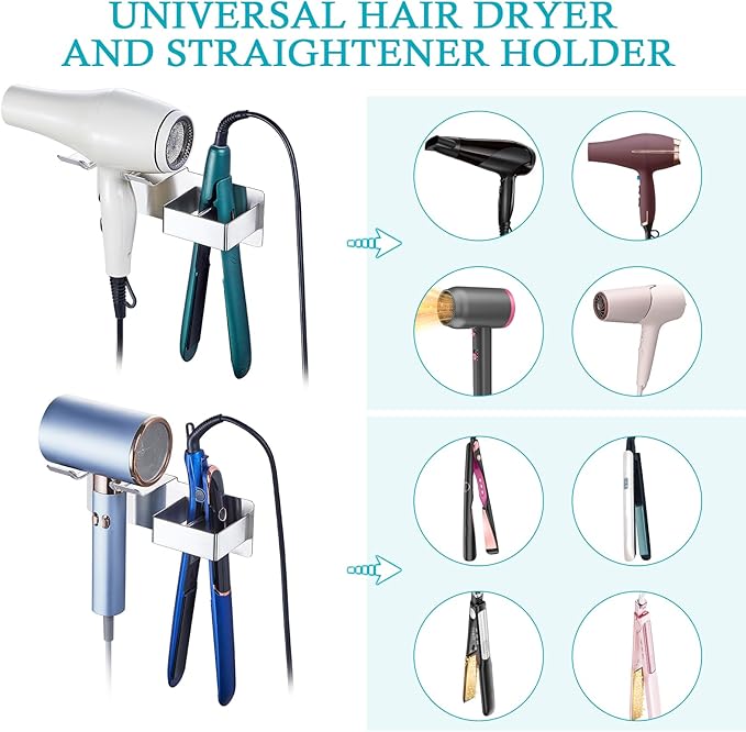 Hair Dryer Holder, Hair Straightener Holder Wall Mount, Hair Tool Organizer, Hairdryer and Straightener Holders, Adhesive Hair Tool Storage for Blow Dryer, Curling Iron, Flat Iron Stand (Silver)