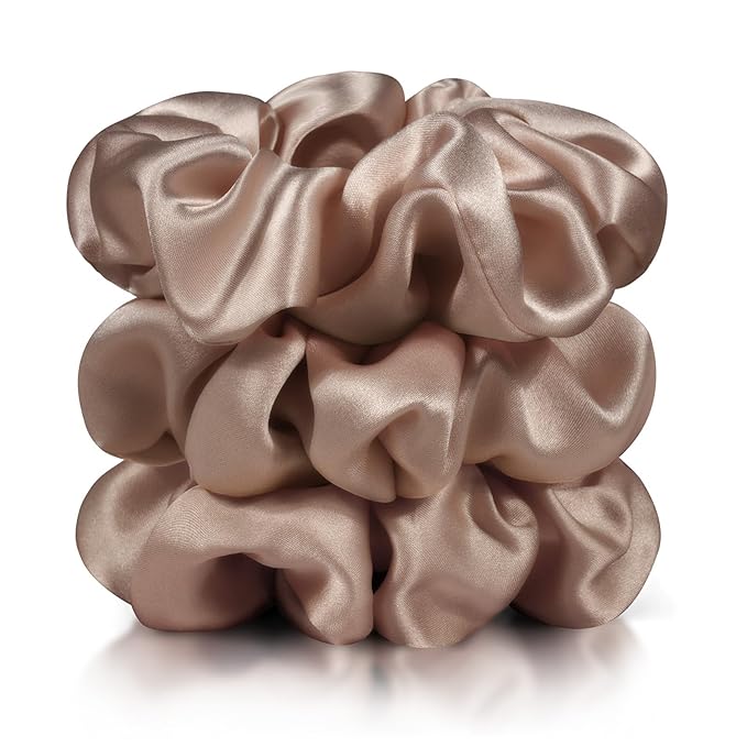 Zenssia Silk Scrunchies for Hair, Mulberry Silk Hair Ties for Women and Girls, No Damage Elastic Ponytail Holders（Coffee, 3 Pack）