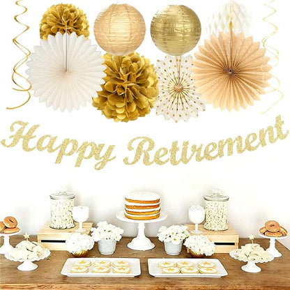 Beige-Gold Happy Retirement Party Decorations Banner Women Men Huglony | 21pcs - Image 7