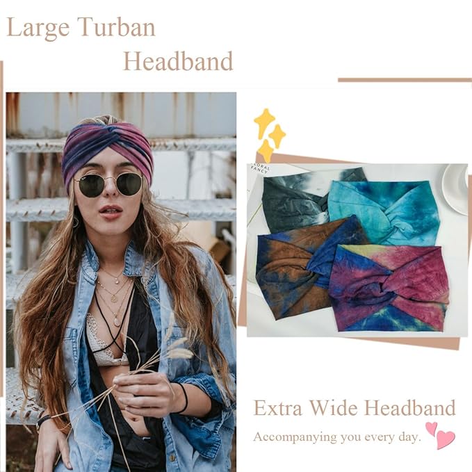 Boho Extra Wide Headbands For Women 7'' Large Headband Twist Head Bands Women's Hair Band Stretchy Turban Styling Accessories Tie Dye 8 Pack