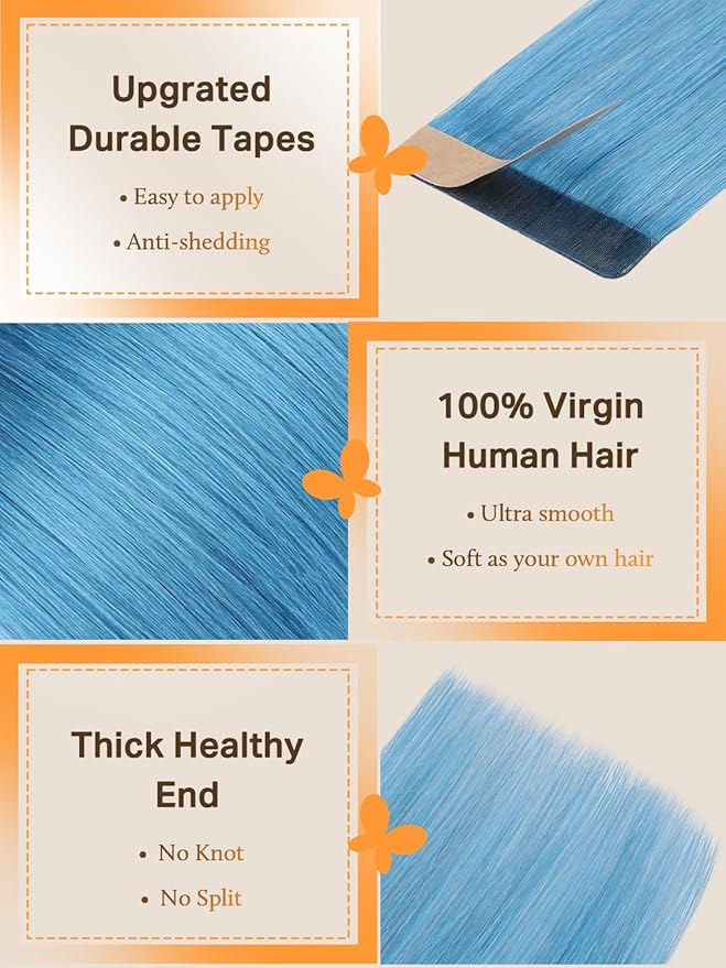 DOORES Hair Extensions Tape in Human Hair, Turquoise Tape in Hair Extensions, Real Human Hair Extensions Natural Remy Hair Straight, 25g 10pcs 16 Inch