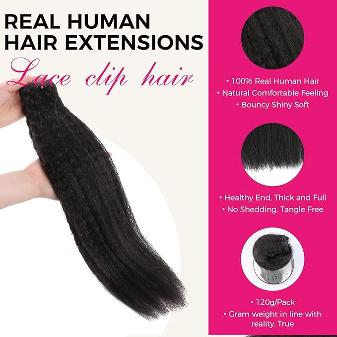 Lashey Kinky Straight Clip in Hair Extensions for Black Women, 18 Inch 7pcs 120g #1B Natural Black, Clip in Hair Extensions Real Human Hair Lace Clip Ins Thick Human Hair