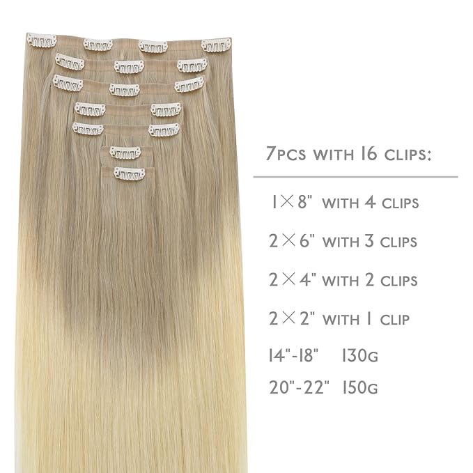WENNALIFE Seamless Clip In Hair Extensions, 22 Inch 7pcs 150g Ombre Ash Blonde to Golden Blonde Balayage Platinum Blonde Hair Extensions Clip In Invisible PU Weft Real Human Hair Extensions Clip In
