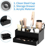 NIUBEE Hair Tool Organizer, Black Acrylic Hair Dryer and Styling Organizer with Drawer, Bathroom Countertop Blow Dryer Holder, Vanity Caddy Storage Stand for Accessories, Makeup, Toiletries