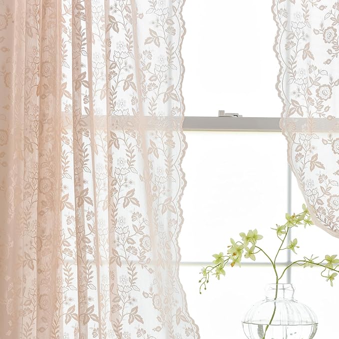 Blush Pink Lace Curtains for Bedroom Rustic Floral W42 x L54 Inch 2 Panels | - Image 6