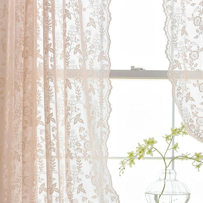 Blush Pink Lace Curtains for Bedroom Rustic Floral W42 x L54 Inch 2 Panels | - Image 6