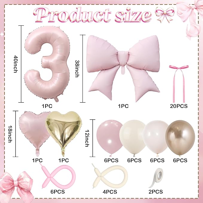 Baby Pink Number 3 Balloon, Dusty Light Pink Gold Cream Latex Balloons Girls - Image 3