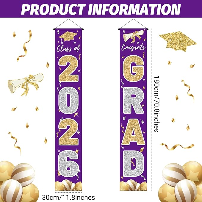 Graduation Decorations 2026, Class of 2026 Banner Congrats Grad | Purple Porch - Image 2