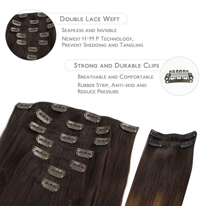 WENNALIFE Clip in Hair Extensions, 150g 14 Inch 9pcs Highlight Dark Brown to Chestnut Brown and Dirty Blonde Human Hair Extensions Thicker Clip in Hair Extensions Real Human Hair Clip Set Double Weft
