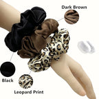 Suncdelv Silk,100% Silk Scrunchies for Hair,22 Momme Hair Ties for Anti-Crease & Breakage,Natural Women Hair Accessories，Fashion Hairbands 3PCS（Leopard print）