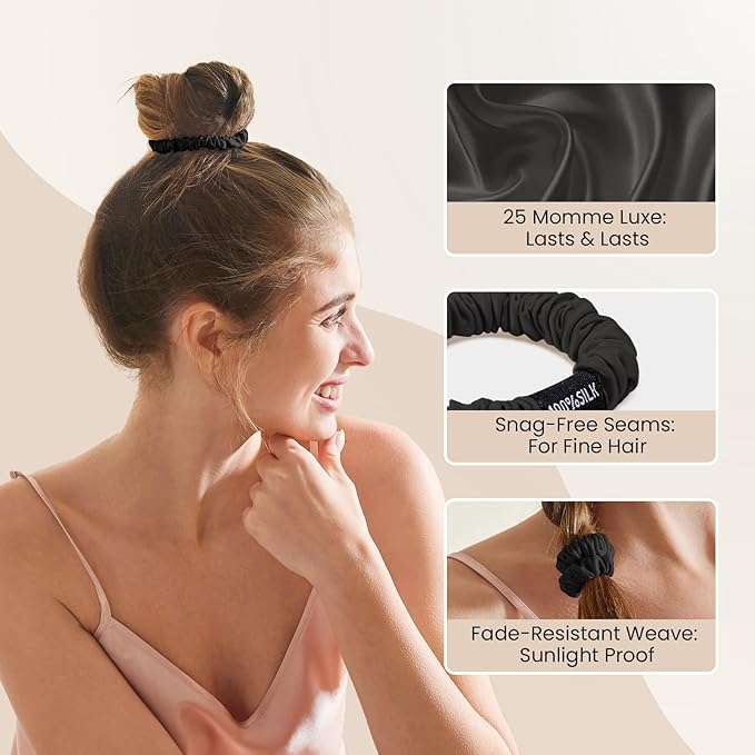 THXSILK 100% Mulberry Silk Scrunchies 3-Pack, 25 Momme Mulberry Silk Hair Ties for Women, Sleek Low Profile No Damage Ponytail Holders, for Fine Hair & Everyday Use, Cool Colors