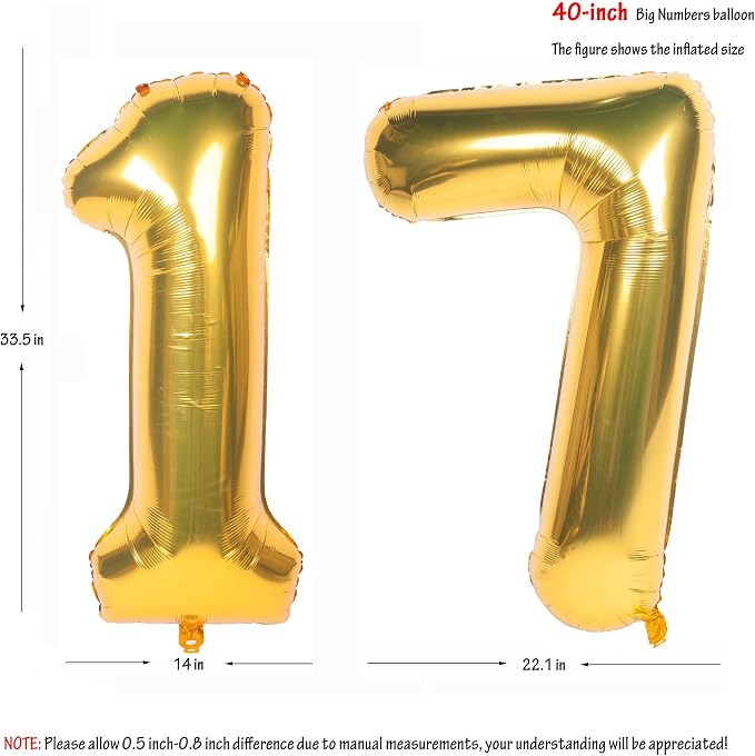 40 Inch gold Number Balloons 17 Helium Foil Mylar Balloon | Birthday Party - Image 2