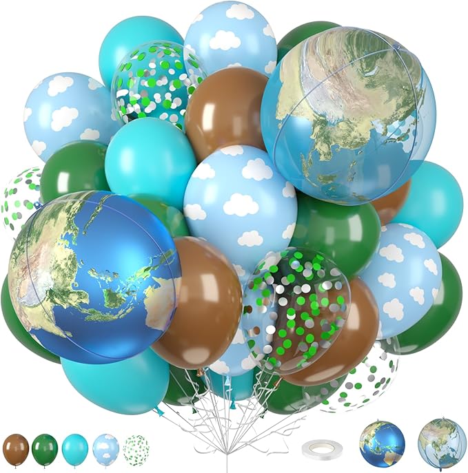 Earth Balloons, 12 Inch Green Brown Blue Cloud Print Balloons by FunHot