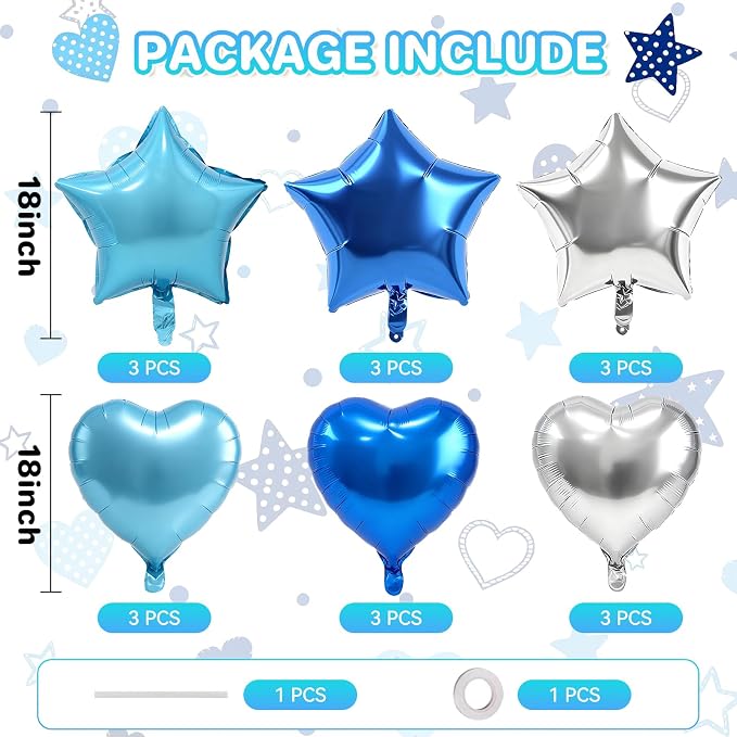 TONIFUL 18 Inch Blue & Silver Star and Heart Foil Balloons - Image 2