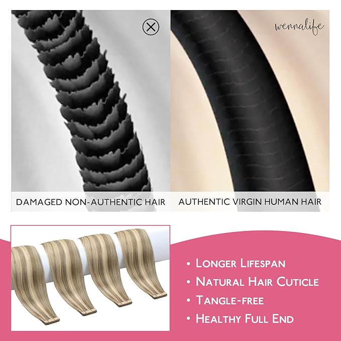 WENNALIFE Tape in Hair Extensions Human Hair Ash Brown with Platinum Blonde Highlights Tape in Extensions, 10pcs 25g 16 inch Remy Invisible Tape Ins Straight Colored Soft Refill Set