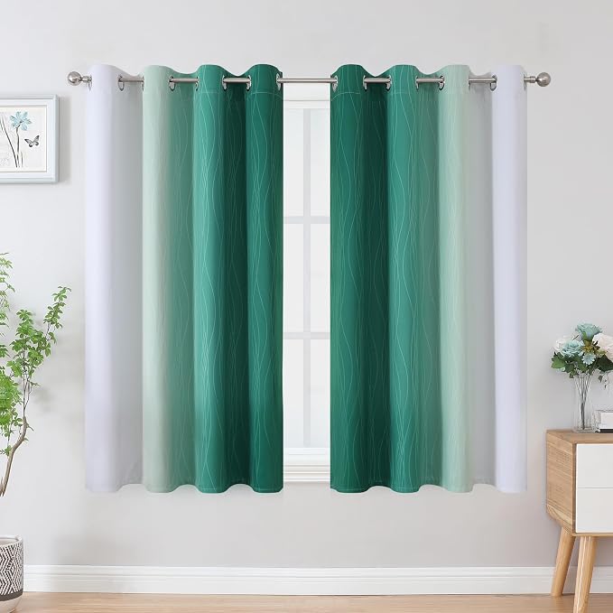 Green and Greyish White Blackout Curtains, Full Light Blocking Gradient Grommet - Image 2