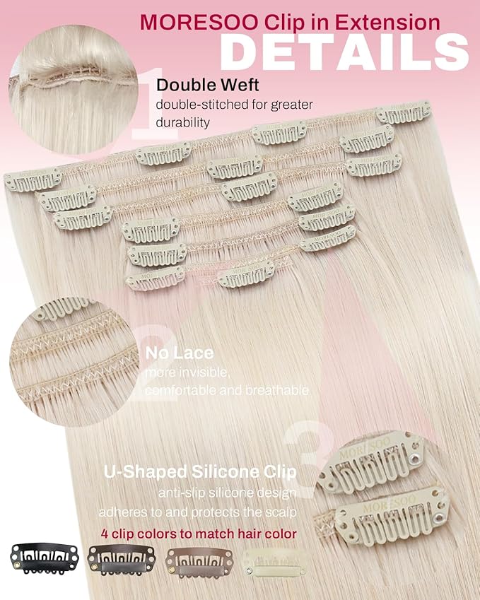 Moresoo Hair Extensions Clip ins White Blonde Real Hair Clip in Extensions Human Hair Double Weft Clip in Human Hair Extensions Full Head #60A 7Pieces/120Grams 24inch