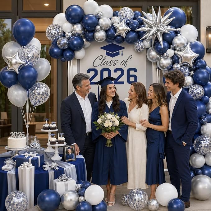 Blue Silver Balloon Garland Arch Kit, Metallic Silver Confetti Balloons Star - Image 5
