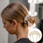 Pearl Flower Hair Clips, U-Shaped Crystal Flower Rhinestone Hair Pins, Gold Alloy Floral Hairpins Hairclips Accessories for Bride Weddings Party Holiday