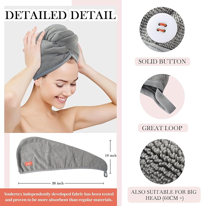 YoulerTex Microfiber Hair Towel Hair Wrap: 2 Pack 10X26 Hair Dryer Towels for Women Absorbent Turban Twist Hair Drying Shower Cap Curly Hair Products for Hair Care Hair Accessories (03 2-Pcs White)