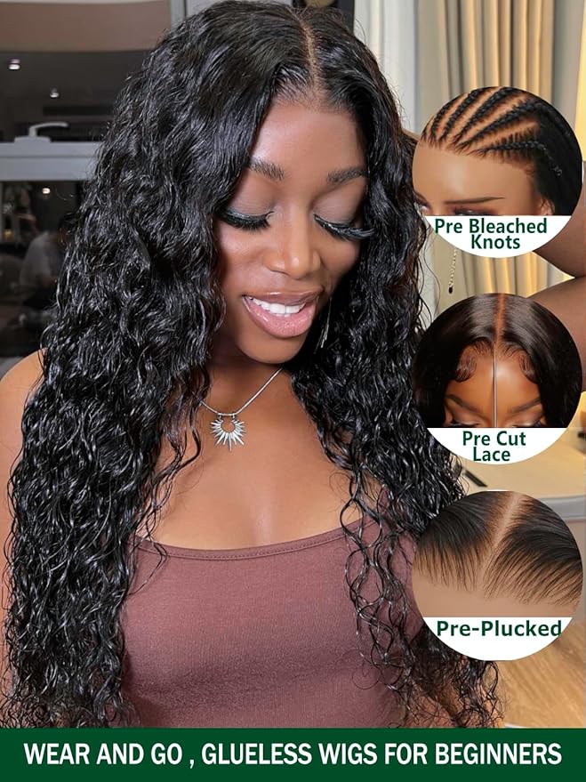 KLAIYI Bye Bye Knots Glueless Wig Pre Cut Water Wave HD Lace Front Wigs Human Hair Pre Bleached Pre Plucked Ready to Go Wigs for Women 30S Easy to Wear Put On and Go Curly Wig Beginner Friendly 26inch