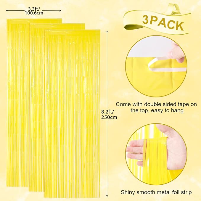 Voircoloria Pastel Yellow Foil Fringe Backdrop Curtains, 3 Pack | Tinsel - Image 3