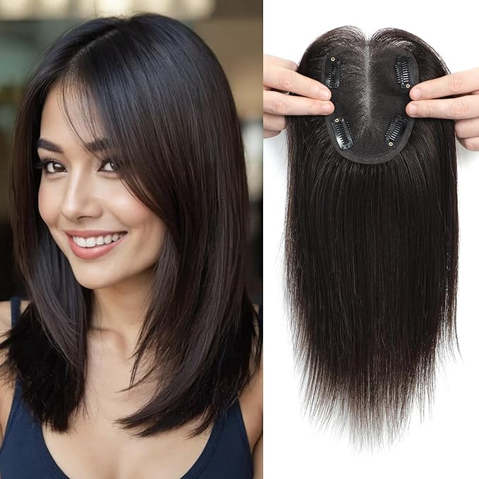 Hair Toppers for Women Real Human Hair Topper for Women with Thinning Hair 12inch 4x4.8 Large Swiss Base Hairpieces (Dark Brown)