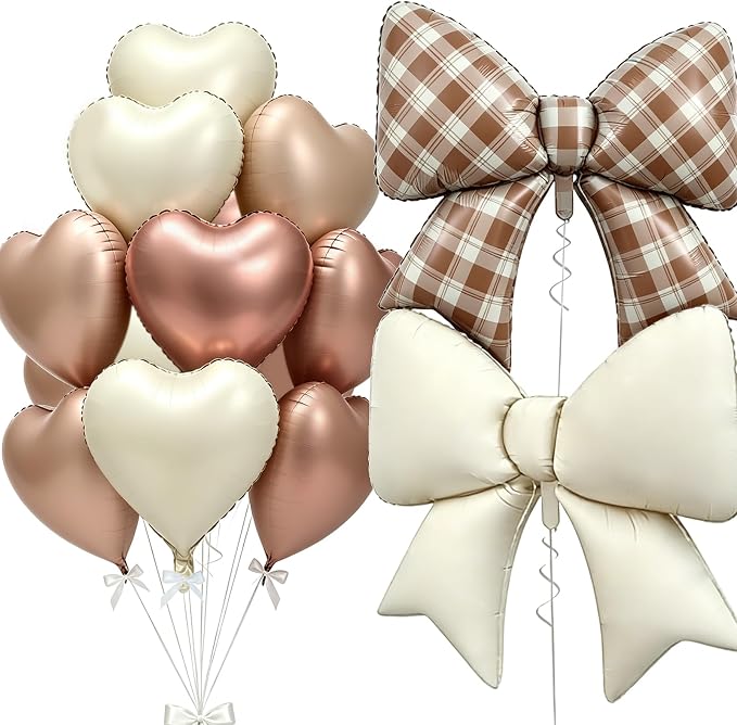 Vuzvuv Brown Gingham Bow Heart Balloons Set, Anniversary, Bridal Shower（Mix by Vuzvuv
