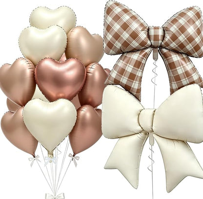 Vuzvuv Brown Gingham Bow Heart Balloons Set, Anniversary, Bridal Shower（Mix by Vuzvuv