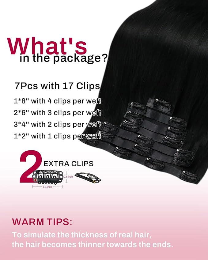 Moresoo Seamless Clip in Hair Extensions Human Hair Black PU Weft Seamless Human Hair Clip in Extensions Jet Black #1 Full Head 20inch 7pcs 120G