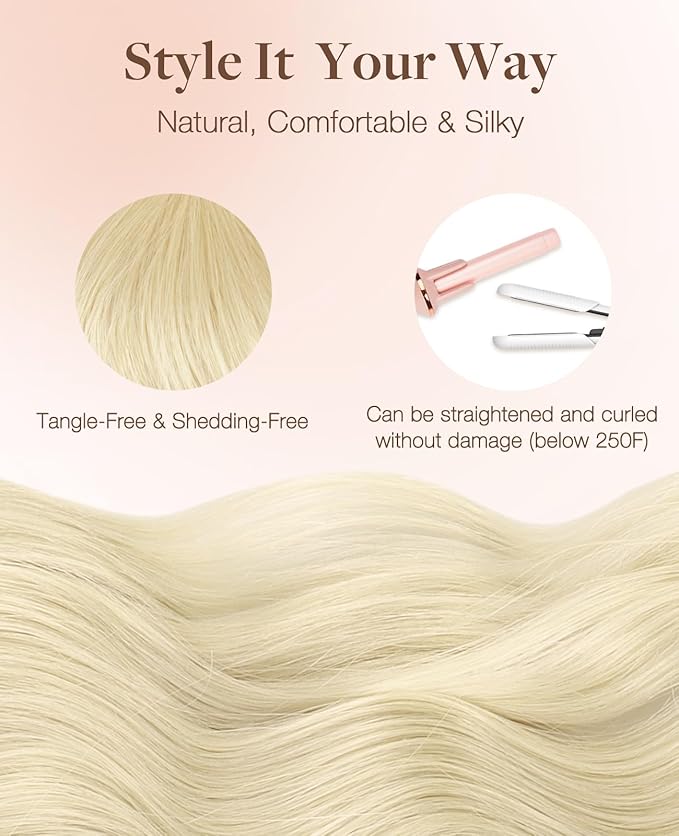 GOO GOO Invisi Edge Tape in Hair Extensions Human Hair, 613R Bleach Blonde 10pcs injected with 10pcs classical tape ins, 16inch 50g, Virgin Remy Hair, Natural Look